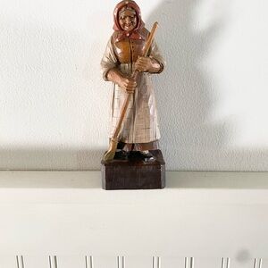 Vintage Wooden Sculpture of Woman with Broom